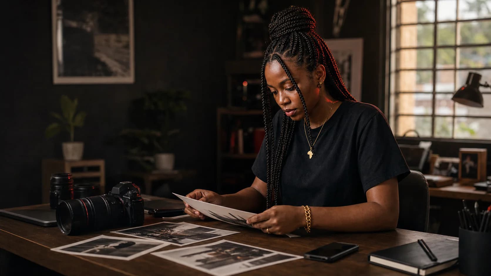 Photographe étudiant ses tirages à son bureau